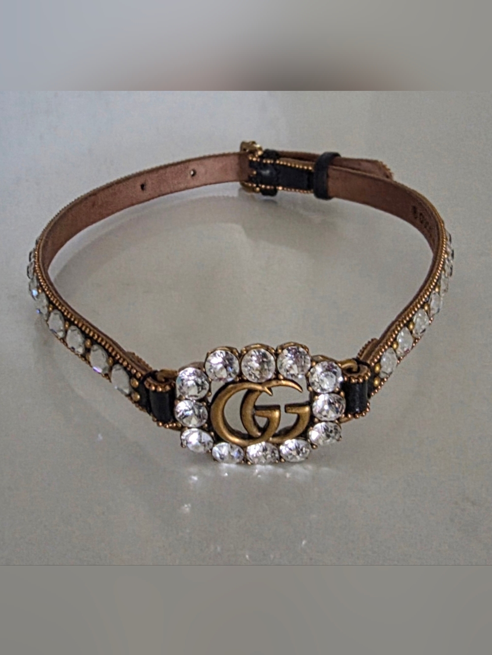 Gucci Black Leather Crystal-Studded Bracelet with Gold Double G - Picture 2 of 8